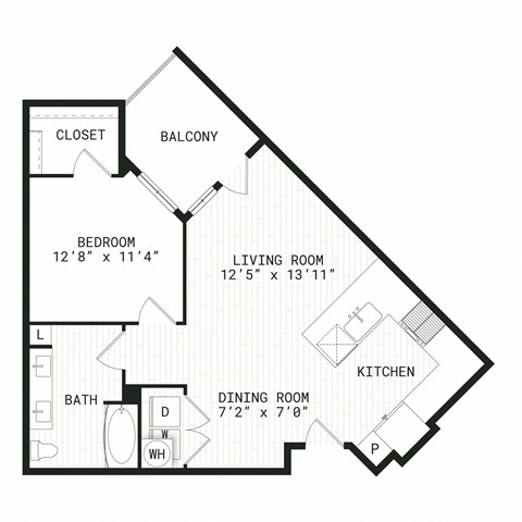 Floor plan for 1 bed, 1 bath, 749 sqft